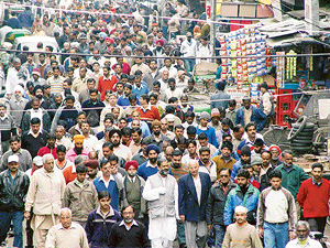 Independent candidate and MLA Anil Vij leads a march in Ambala on Sunday.