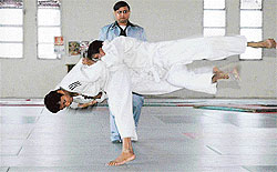 Judokas in action during the District Judo Championship that concluded at the Guru Nanak Sports Complex