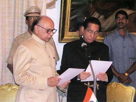 Mr Pratapsingh Rane being sworn in as Chief Minister