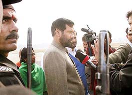 Lok Janshakti Party chief Ram Vilas Paswan campaigns under tight security in Bihar on Monday.