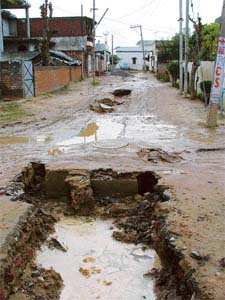 The road that caved in at Shant Park in Ludhiana on Monday