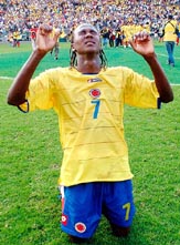 Colombian striker Hugo Rodallega celebrates his teams victory in the Under-20 South American Soccer Championship in Manizales, Colombia, on Sunday. Colombia defeated Venezuela 2-0 in the final.