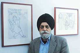 Artist Prem Singh with his work on display at fine art museum of Panjab University in Chandigarh