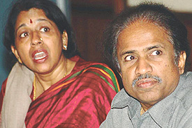 Noted singer Kavita Krishnamurthy with husband Dr L. Subramaniam addressing a press conference to announce the forthcoming Global Music Festival in the Capital on Tuesday