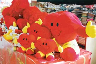 Valentine gifts on display at a shop in Ludhiana. 