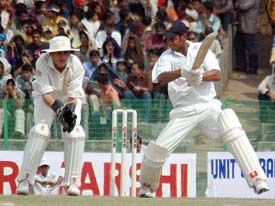 Captain of India's under-19 team Manoj Tiwari in action during the first one-day international match against England at the Maharaj Bir Bikram Stadium in Agartala