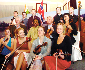 Members of the Oslo Camerata orchestra with L. Subramaniam posing for a photo-op for the Global Music Festival to be held on Thursday, at a press conference in the Capital on Wednesday