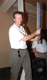 Cricketer Steve Waugh talks to the media about his plans to auction his cricket articles to raise funds for tsunami victims in Kolkata on Thursday. 