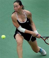 Amina Rakhim of Kazakhstan in action during her semifinal match against Andrei Laura Loana of Romania the SAIL ITF Junior Grade 3 Tennis Tournament in Chandigarh on Thursday. 