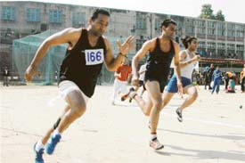 Students take part in a race during the annual athletics meet of Arya College, Ludhiana