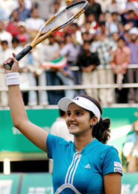 Sania Mirza celebrates her win over Russias Maria Kirilenko in the semifinal of the WTA Hyderabad Open on Friday.