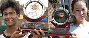 Indias Jeevan Nedunchezhiyan and Kazakhstans Amina Rakhim, who won the boys and girls singles titles, respectively, at the SAIL ITF Grade 3 Junior Tennis Tournament which concluded at the CLTA Stadium in Chandigarh on Friday.