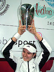 Tennis star Sania Mirza with the trophy after winning the WTA Hyderabad Open