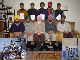 Students of Baba Banda Singh Bahadur Engineering College,who won an international competition in robot design,with college Principal DS Hira at Fatehgarh Sahib on Friday.