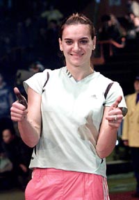 Russia's Yelena Isinbayeva poses after setting a world indoor pole vault record in Donetsk, Ukraine, on Saturday