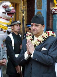 King Gyanendra of Nepal arrives at Hanuman Dhoka Palace to attend the "Basant Srawan" function in Kathmandu