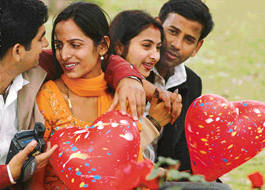 Couples celebrate Valentines Day at the Rose Garden in Chandigarh on Monday.
