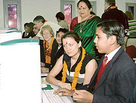 Teachers from the UK interact with students of KB DAV Centenary School in Chandigarh on Monday.