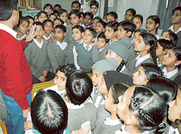 Students of Government Model School, Mani Majra, visit The Tribune press on Monday.
