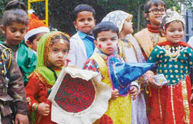 Students of Small Wonders Nursery School participate in fancy dress competition in Ludhiana on Monday.