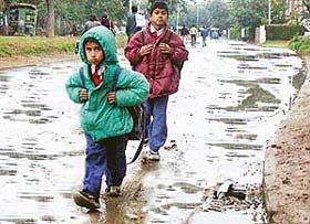 Cold winds forced schoolchildren to wrap themselves up in jackets in Chandigarh
