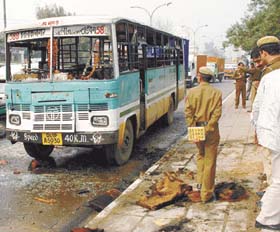 The bus which hit a scootrist near Moti Bagh area in the Capital