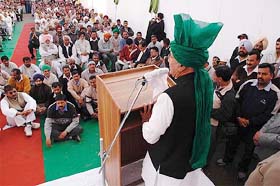 Mr O.P. Chautala lashes out against the bureaucracy while addressing party workers at Panchkula