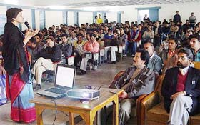 Ms Usha Albuquerque delivers a lecture at a career counselling seminar at Kurukshetra University, Kurukshetra