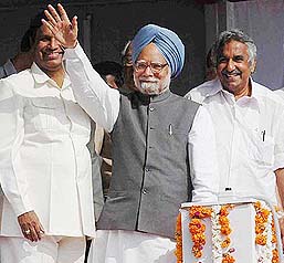 Prime Minister Manmohan Singh and former President K.R. Narayanan greet each other at a function in Kochi on Wednesday