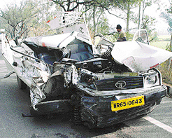 The mangled remains of a pick-up van which collided head-on with a truck on the Kalka-Ambala highway near Lalru on Thursday.