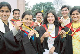 Some of the winners show their medals at the convocation of Punjab Technical University held at Mohali on Thursday. 