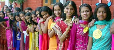 Girls at the farewell function of KVM School, city branch, Ludhiana, on Thursday