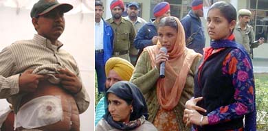 Sohan Lal, a victim of Bangalle tribesmen attack, shows his wound; and (right) Gurpreet Kaur and her daughter Manveen Kaur recount their tale at a police press conference
