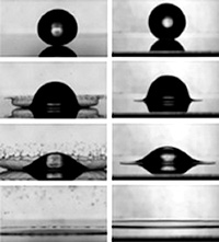 In air at normal pressure an ethanol drop spatters into a delicate and elaborate crown upon striking a glass slide