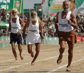 Veteran athletes in action during the Kila Raipur Games on Sunday