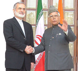 Foreign Minister of the Islamic Republic of Iran Kamal Kharrazi with External Affairs Minister Natwar Singh during a meeting in New Delhi on Monday. 