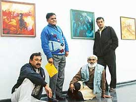 Ragu Neware, Shyam Sharma, Ishwar Dayal and Parbhinder Lal at a show of their artworks at PUs Fine Arts Museum, Chandigarh. 