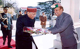 Himachal Pradesh Vidhan Sabha Speaker Gangu Ram Musafir greets Governor V.S. Kokje at the inaugural session of the Vidhan Sabha Budget Session in Shimla on Tuesday.