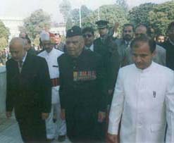 The Governor of Jammu and Kashmir, Lt-Gen S.K. Sinha (retd), along with the Speaker, Mr Tara Chand, and the Chairman of the Legislative Council, Mr Abdul Rashid, arrive to address the joint session of the two Houses on the opening day of the Budget session on Tuesday.