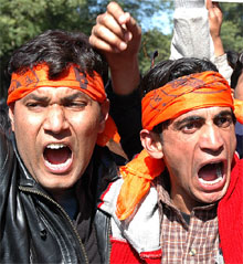 ABVP members hold a march on Parliament Street in New Delhi on Tuesday to demand a central legislation for admission to professional colleges and uniform fee structure. 