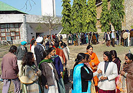 Parents and staff members discuss issues pertaining to the closure of Sri Dashmesh Academy at the academys campus in Anandpur Sahib on Tuesday. 