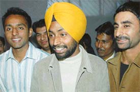 Hockey Olympians Gagan Ajit Singh, Baljeet Singh Dhillon and Prabhjot Singh talk to mediapersons in Jalandhar