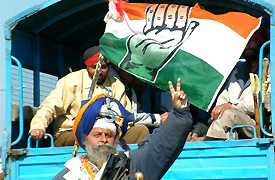 A Nihang supporter campaigns for the Congress in the Ajnala Assembly segment