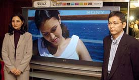 A Sony official at the launch of a new range of the companys colour television sets in New Delhi on Wednesday.