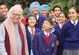 Prof Yashpal interacts with school children at the Centre of Research, Rural and Industrial Development (CRRID), Sector 19, Chandigarh on Wednesday.