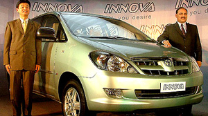 T. Umizawa, Director Purchase, Toyota Kirloskar Motor, and K.E. Takavale, GM Product Design & Development Division, TKM, at the launch of Toyota's new car Innova in New Delhi on Thursday