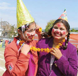 Girls dressed as clowns during the closing ceremony of the annual athletics meet of the SDP educational institutions, Ludhiana