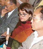 Sujata Koirala, daughter of former Prime Minister of Nepal Girja Prasad Koirala, with Nepali political leaders at a convention for Restoration of Democracy in Nepal organised by Indian political parties at the Constitution Club in New Delhi on Thursday. 