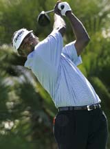 Vijay Singh of Fiji hits a driver off the 11th tee during his first round match against Japan's Shingo Katayama at the World Golf Championships Match Play Championship in Carlsbad