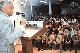 Principal Secretary to PM T.K.A. Nair speaks at a function held to pay tributes to a former PGI Director, Dr P.N. Chhuttani, in Chandigarh